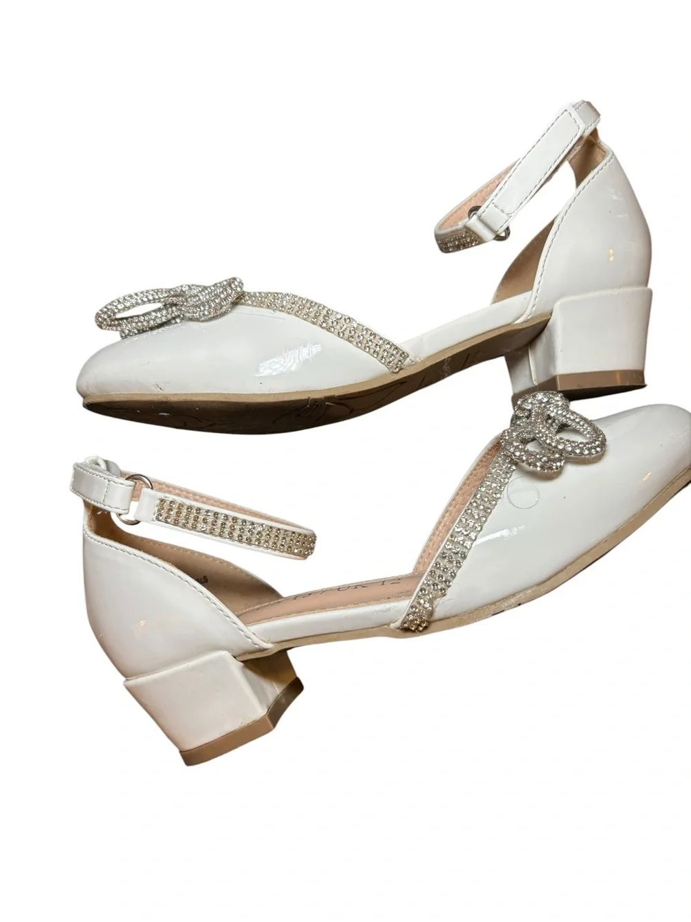 Embellished White Ankle-Strap Flats with Crystal Bow